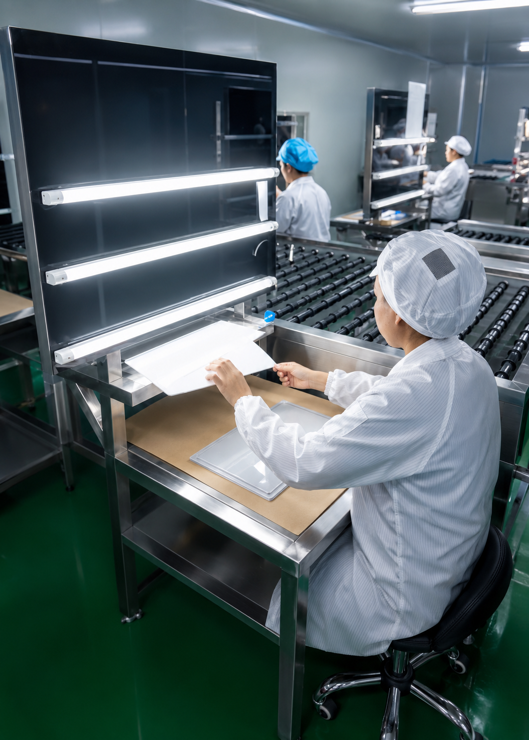 Backlit inspection stations on the cleanroom floor, at each process gate