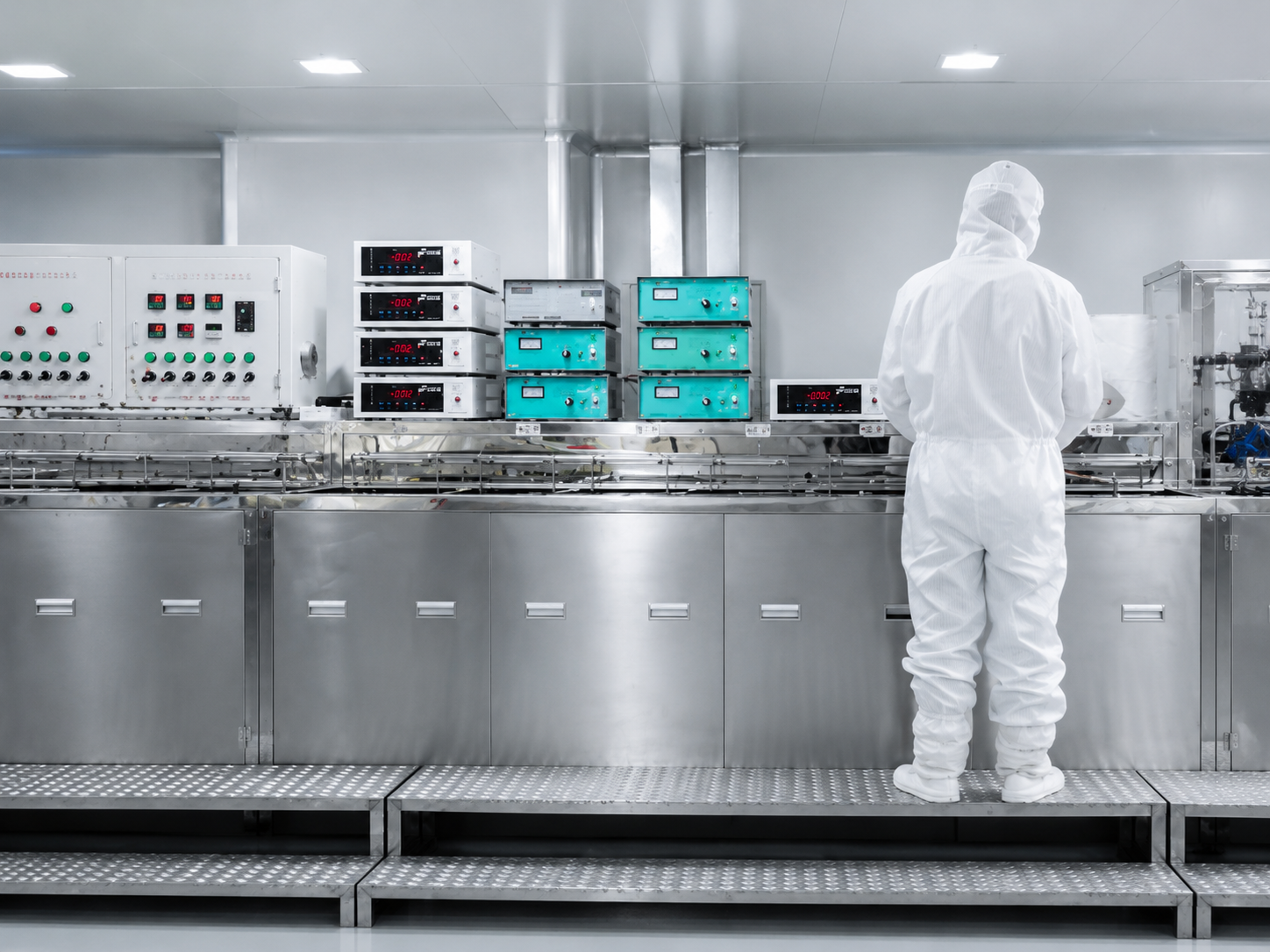 A cleanroom process line, instruments in a row above the cabinets
