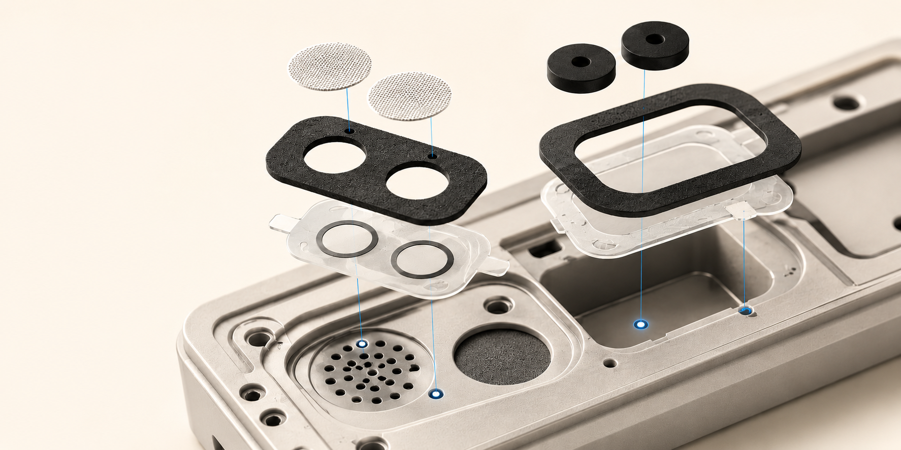 Gaskets, membrane vents and grommets exploded above their exact places in a device housing
