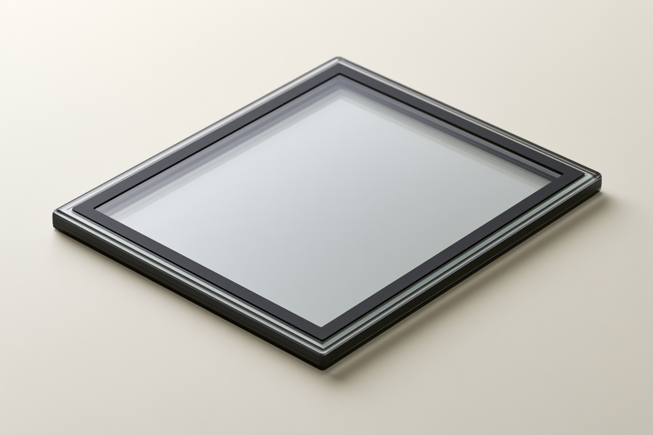 A printed cover panel with a display window
