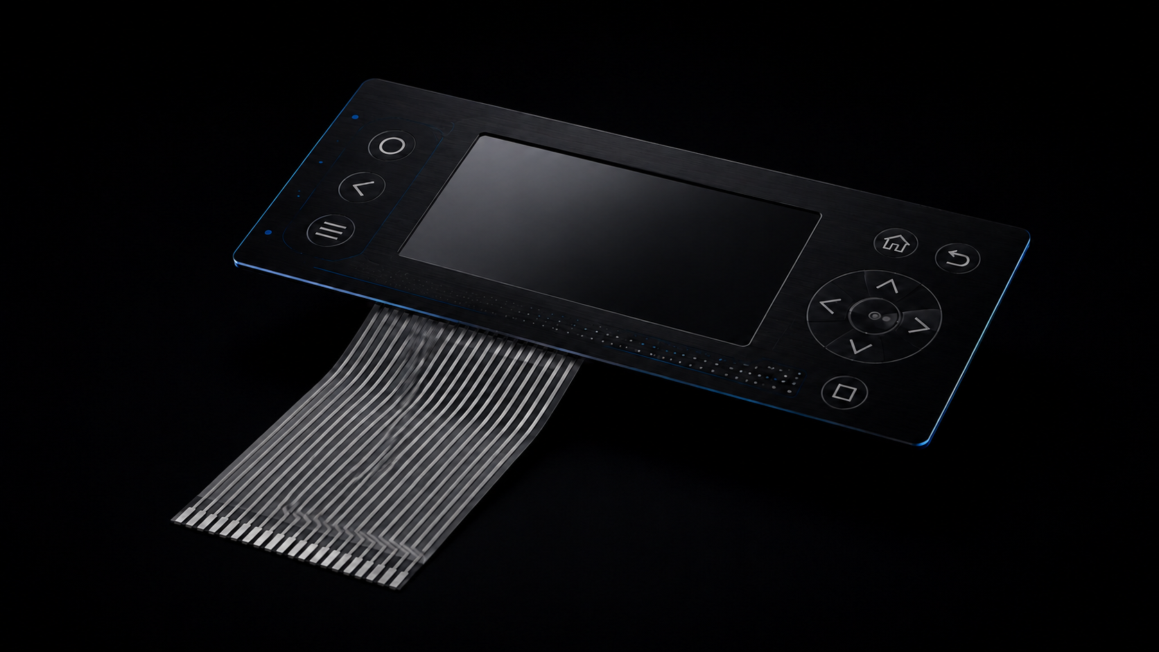A membrane control panel with its silver-printed flex tail