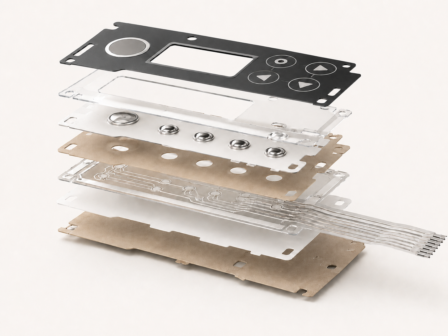 A membrane switch exploded into its printed layers