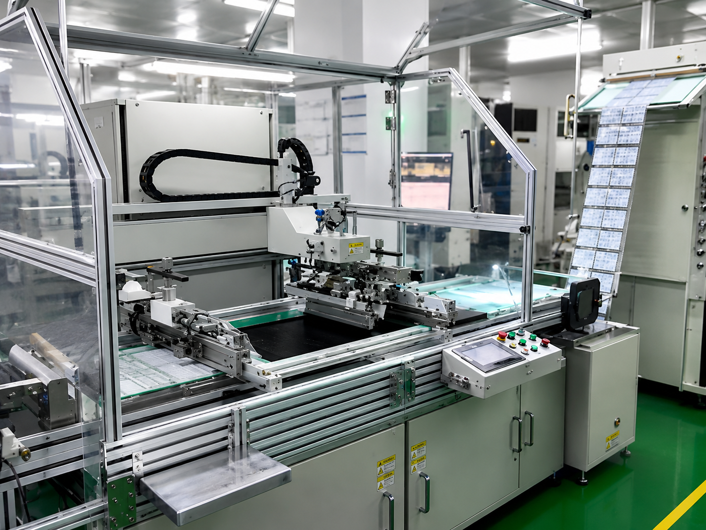 An automatic flatbed screen-printing line, operator at the gantry